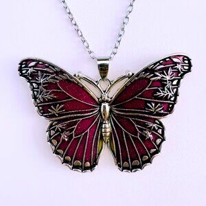 Necklace Red Butterfly Oil Drop Enamel Red Sparkle Antique Silvery Finish